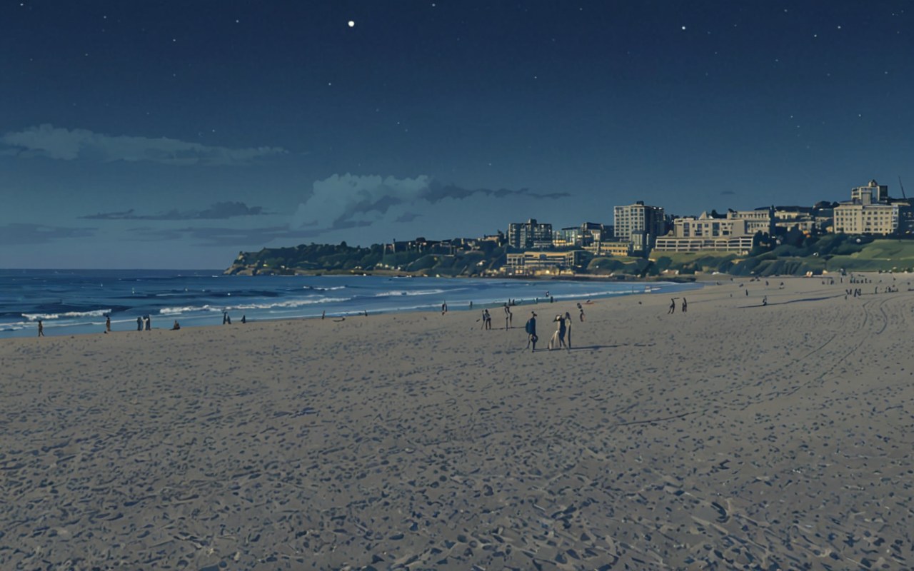 Bondi Beach at night — AI-painted illustration