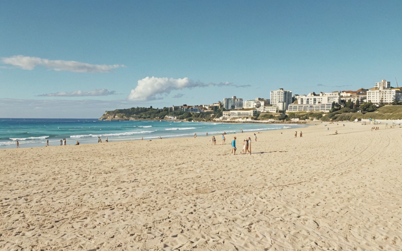 Bondi Beach — golden sand and turquoise ocean under a clear blue sky, AI-painted illustration