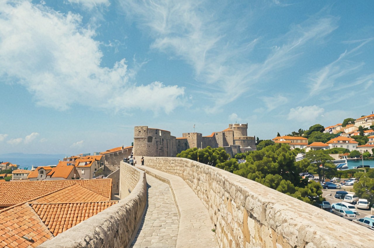 Dubrovnik — old town stone walls and terracotta roofs over the Adriatic in daylight, AI-painted illustration