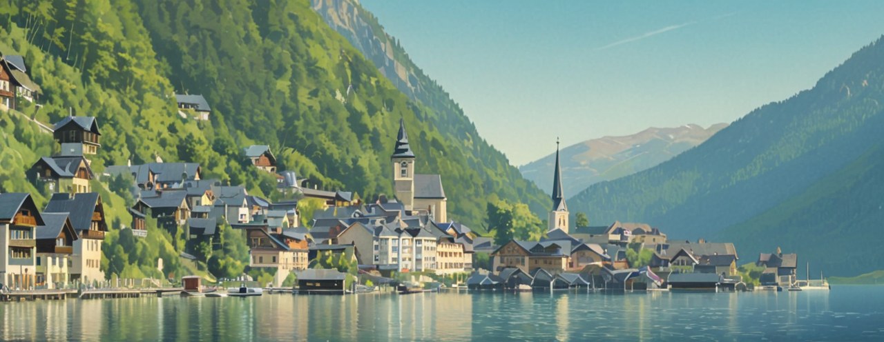 Hallstatt at dawn — AI-painted illustration