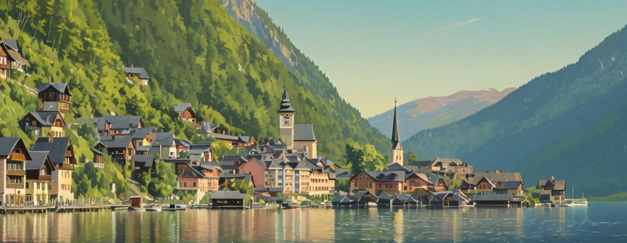 Hallstatt at dusk — AI-painted illustration