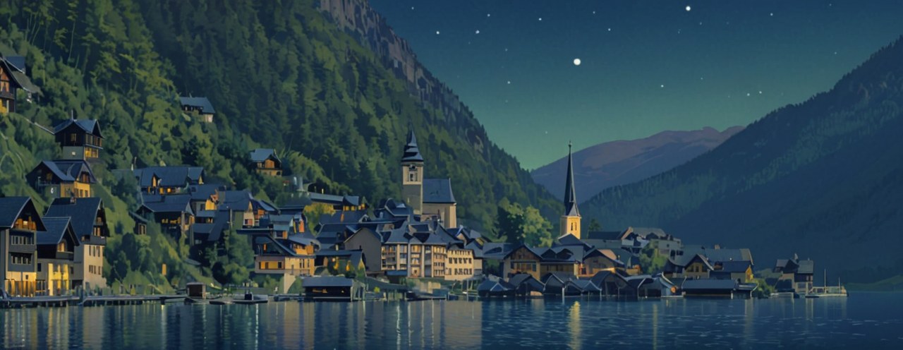 Hallstatt at night — AI-painted illustration