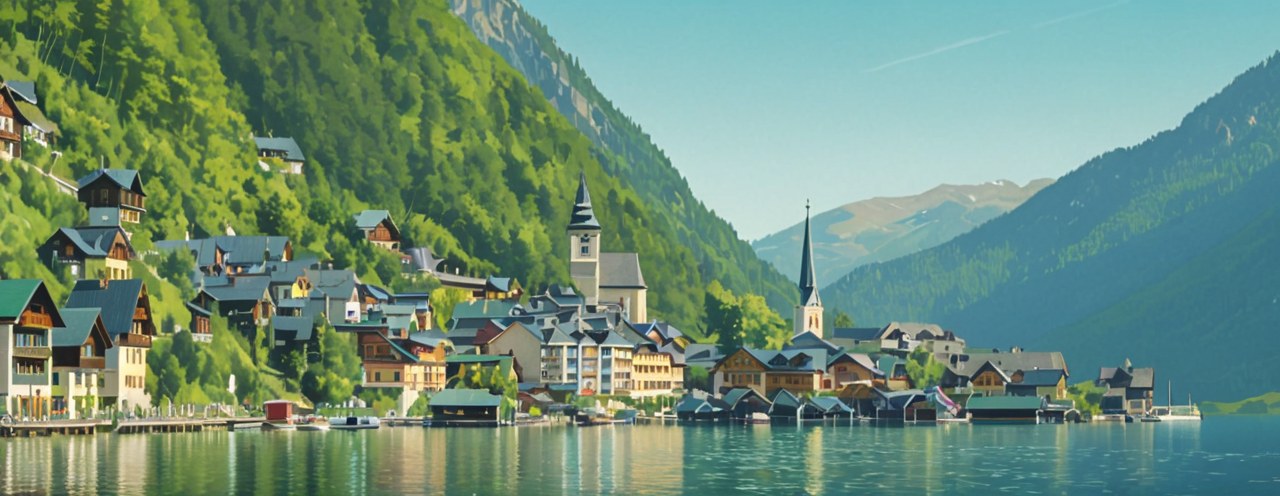 Hallstatt — lakeside Alpine village with a church steeple and mountains, AI-painted illustration