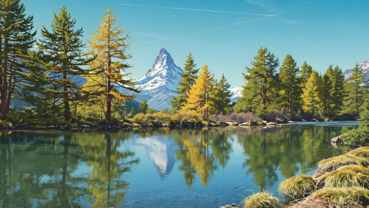 The Matterhorn — pyramidal snow-covered peak under a clear blue sky, AI-painted illustration