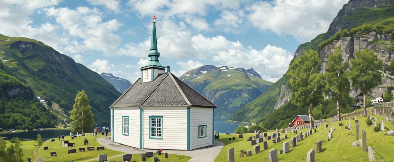 Geirangerfjord, Norway — the Geiranger church above the fjord — AI-painted illustration