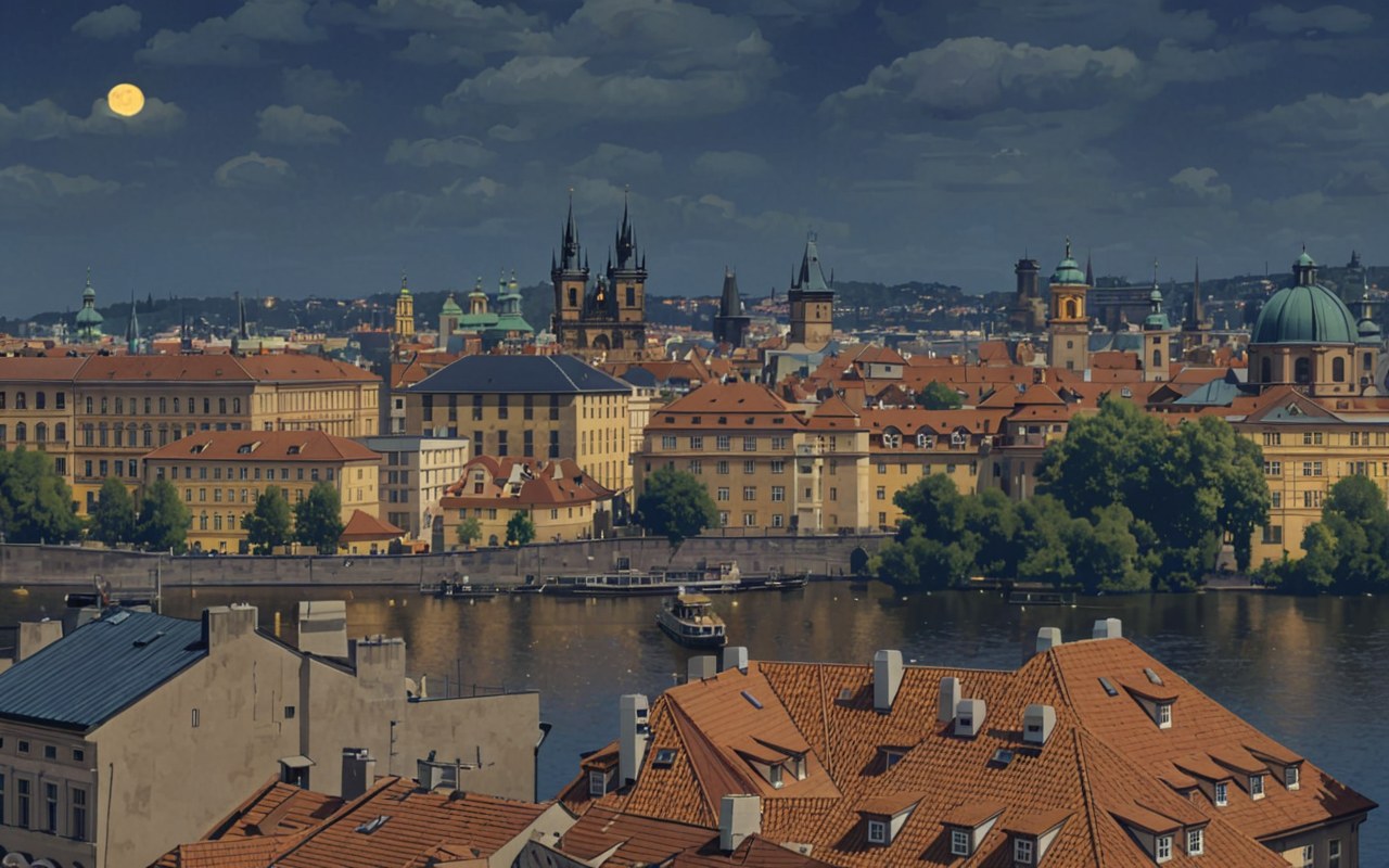 Prague at night — AI-painted illustration