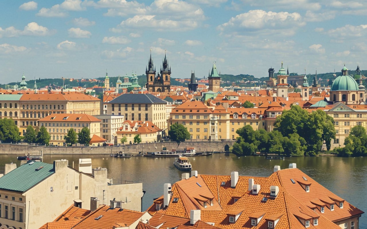 Prague — Charles Bridge and the old town with Prague Castle on the hill, AI-painted illustration