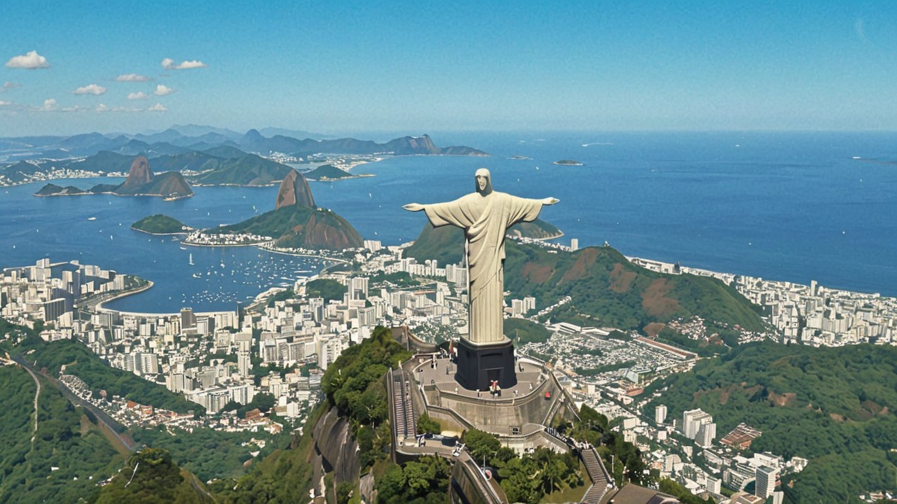 Rio de Janeiro — Christ the Redeemer and Sugarloaf Mountain on a sunny day — AI-painted illustration