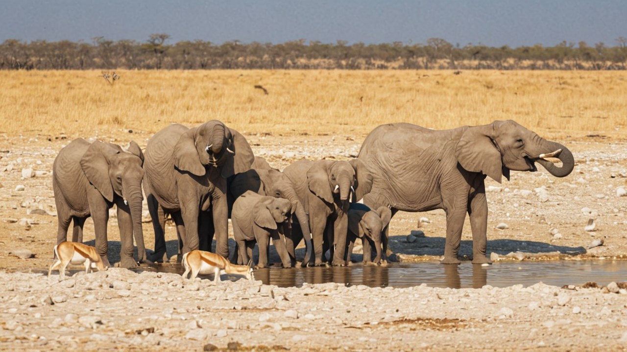 Safari waterhole at Etosha National Park, Namibia — AI-painted illustration