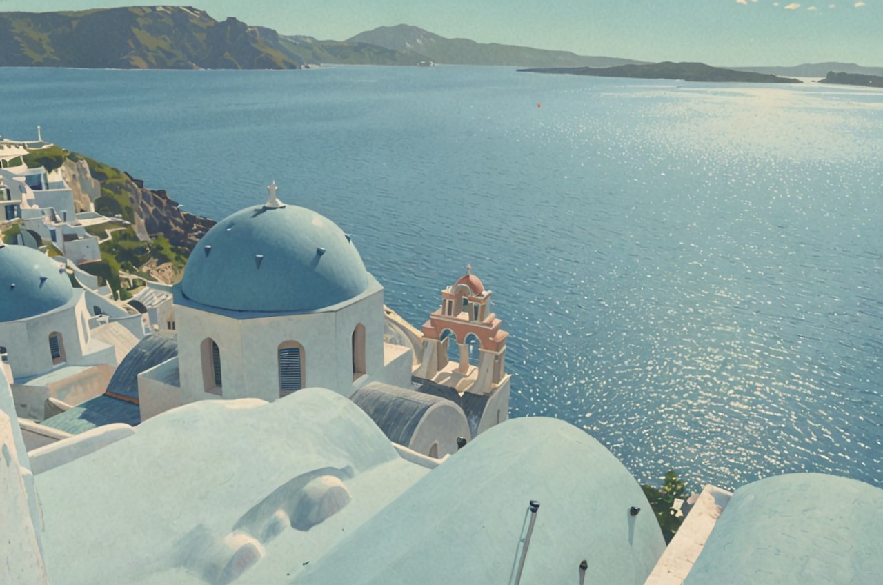 Santorini at dawn — AI-painted illustration