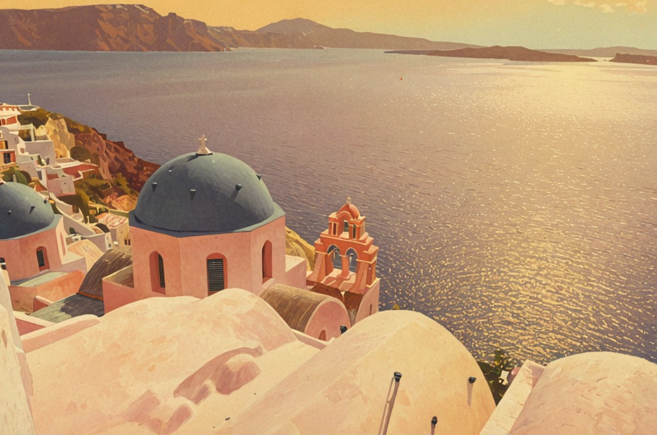 Santorini at dusk — AI-painted illustration