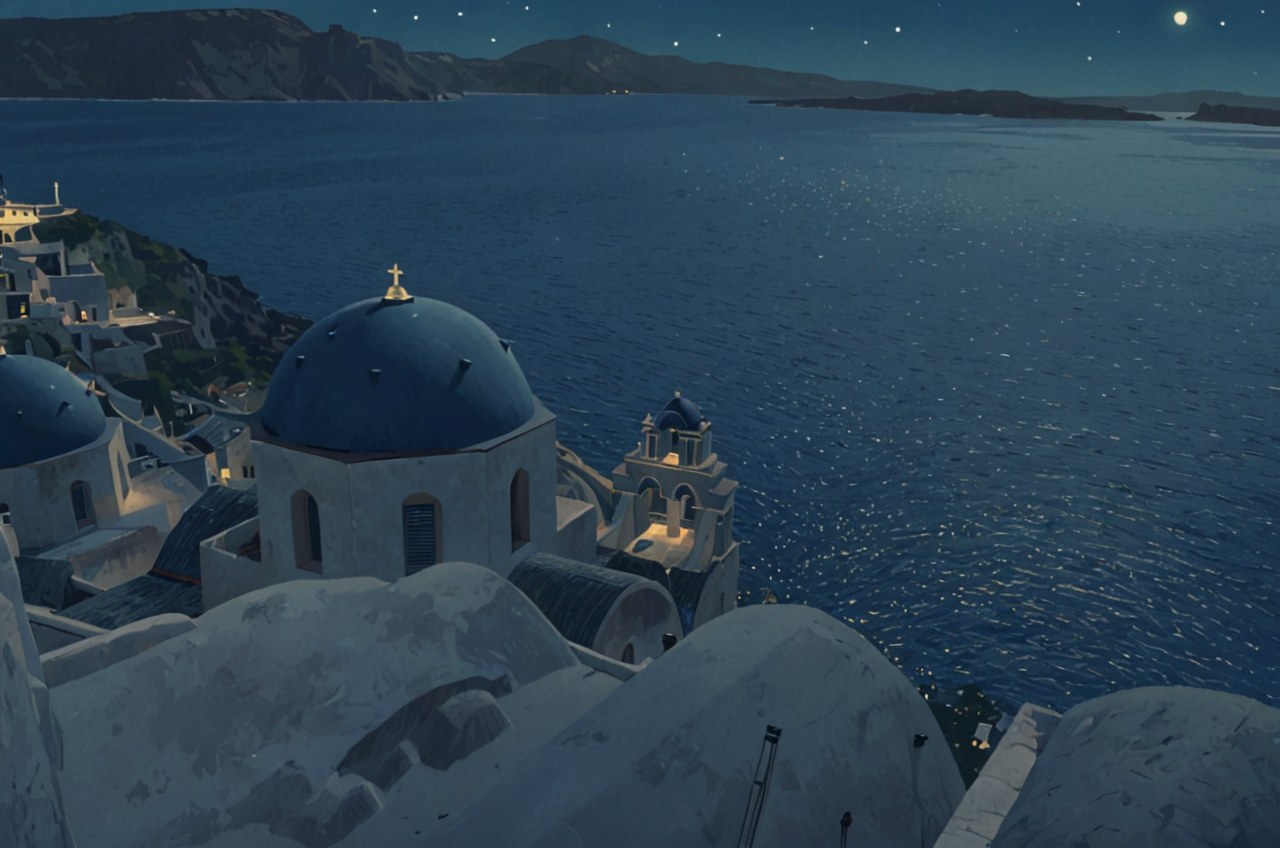 Santorini at night — AI-painted illustration