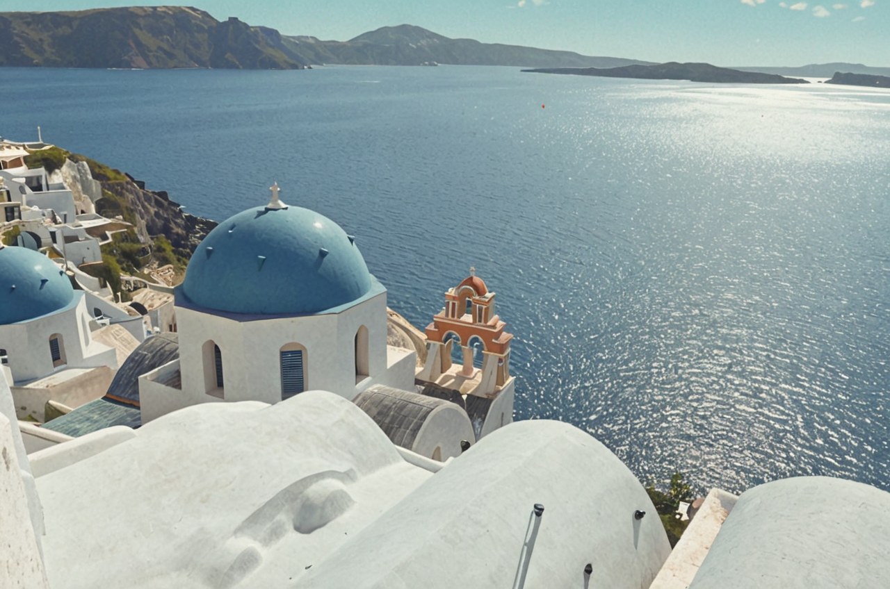 Santorini — white houses and blue domes over the caldera in daylight, AI-painted illustration