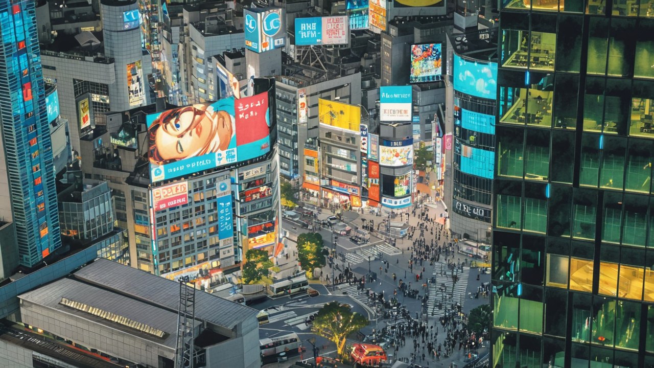 Shibuya Crossing at night — AI-painted illustration