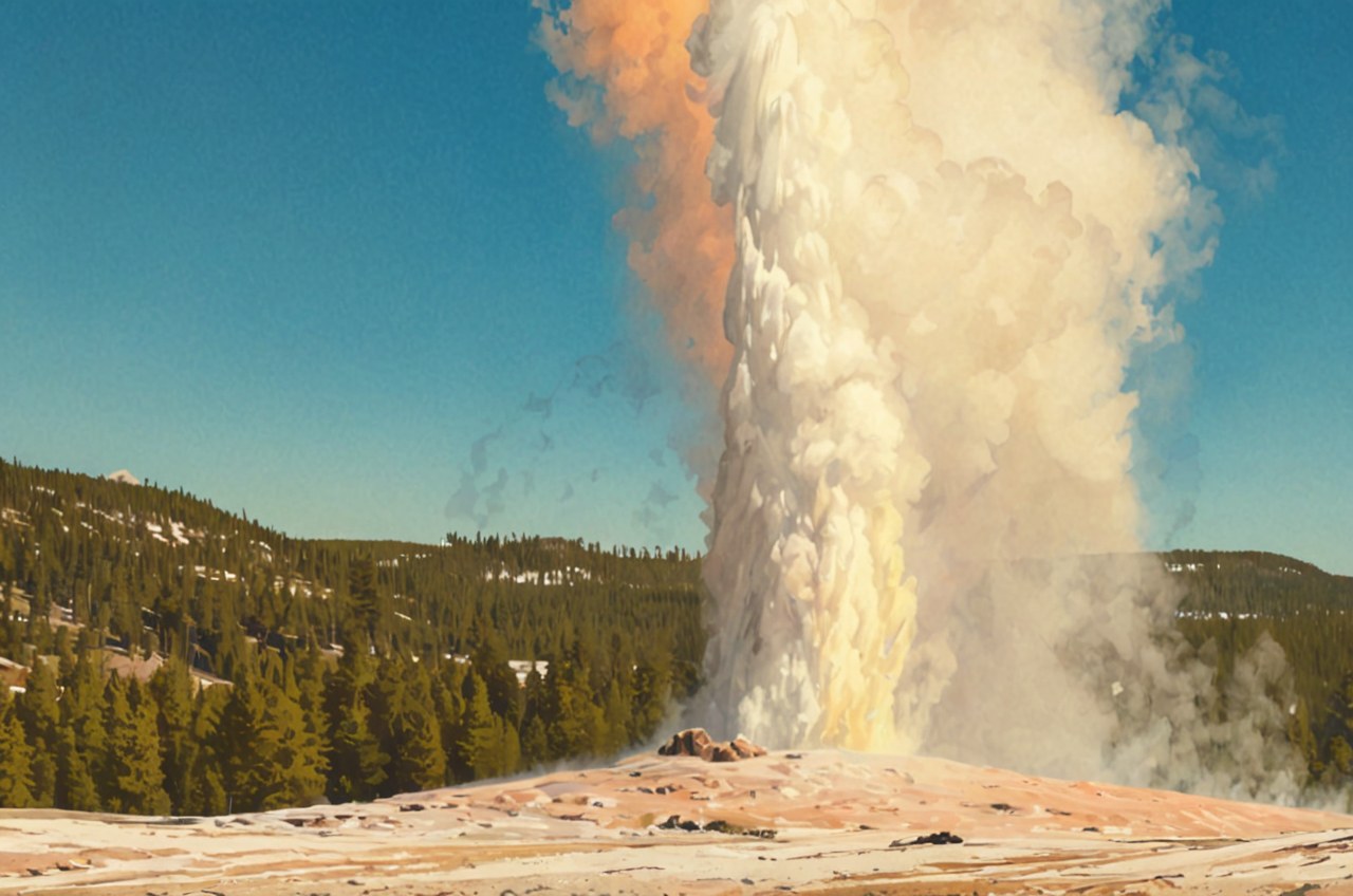 Old Faithful at dusk — AI-painted illustration