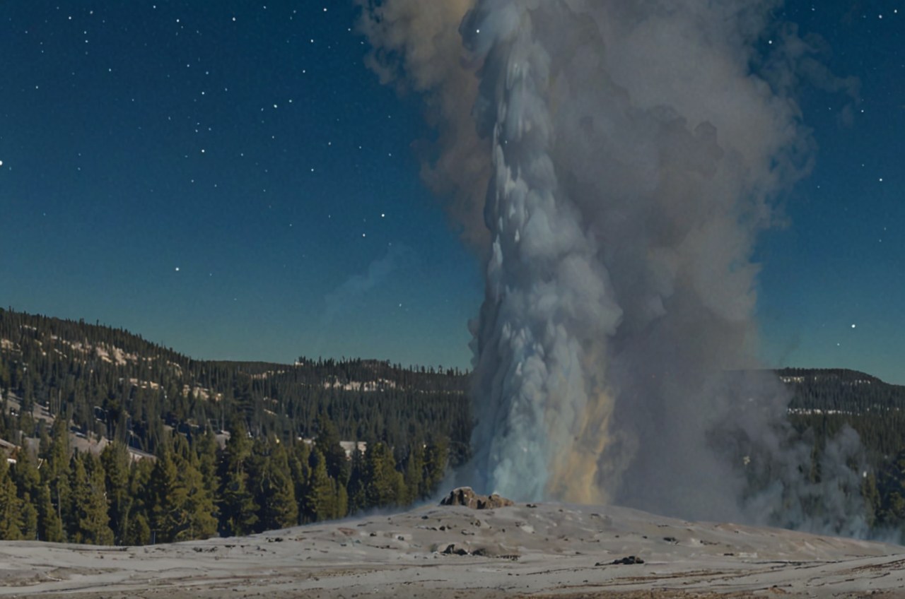 Old Faithful at night — AI-painted illustration