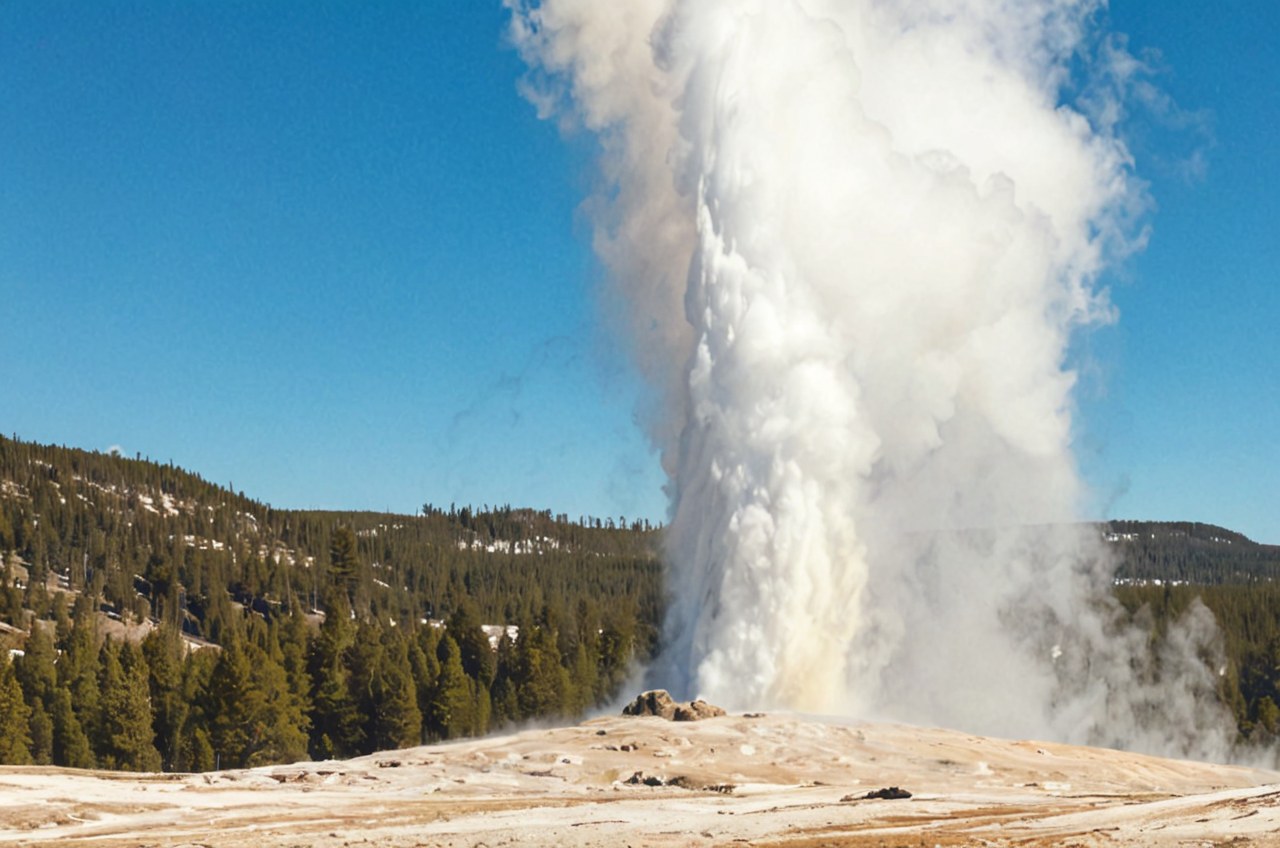Old Faithful geyser erupting in the Upper Geyser Basin of Yellowstone, AI-painted illustration